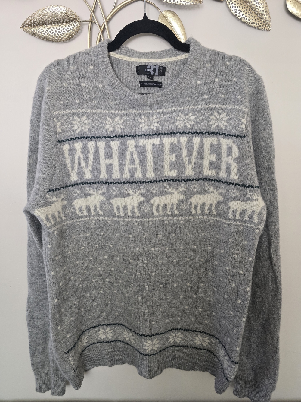 Le 31 Simons Lambs Wool Grey Crewneck Sweater with White 'WHATEVER' Motif Size L